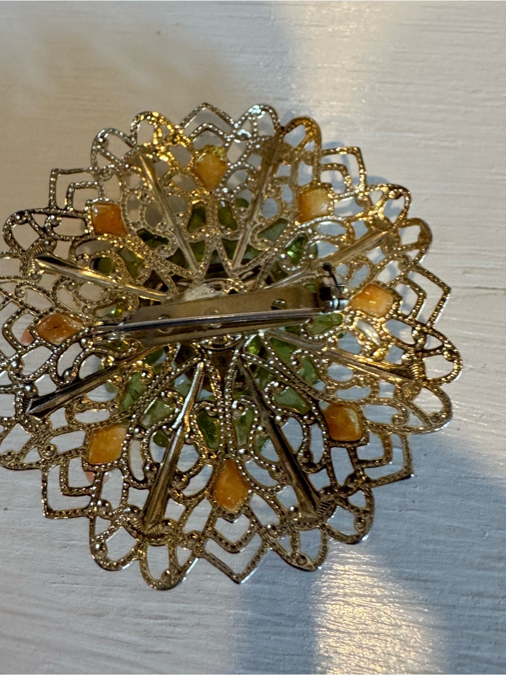 Gold Filigree Floral Brooch with Peach and Green Accents - Picture 6 of 9